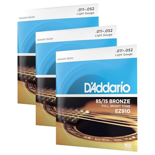 D'Addario Cordes Guitare Acoustique | Corde Guitare Folk | EZ910 | Cordes en bronze pour guitare acoustique | Bronze 85/15 | Léger 11-52 (Lot de 3)
