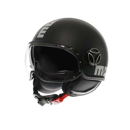 MOMO Design - FGTR EVO E2206, Jet-Helm mit Sonnenblende, offener Helm für Motorräder und Motorroller, für Männer und Frauen, Matt Black/Silver, L
