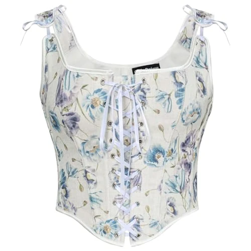 SCARLET DARKNESS Corset Tops for Women Renaissance Lace Up Floral Overbust Boned Bustier Bodice, Blue Flower, 10