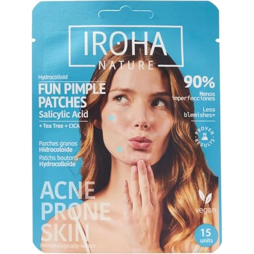 Iroha Nature - Patch di grano DIVERTENTI | Acido Salicilico, Tea Tree e Centella Asiatica | Elimina i brufoli in modo rapido ed efficace | Formato cuori e stelle | Confezione da 15 unità