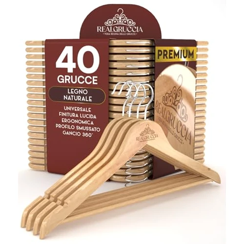Zeitlich begrenztes Angebot: 40 Kleiderbügel aus Holz Holzbügel RealGruccia Farbe Naturholz von Hosen Anzügen Hemden - mit Hosensteg Anti-Rutsch-Einkerbungen Drehbaren Hakens und Abgeschrägte Profile - 22x45cm von 39.90 € auf 33.89 € (15% Rabatt)