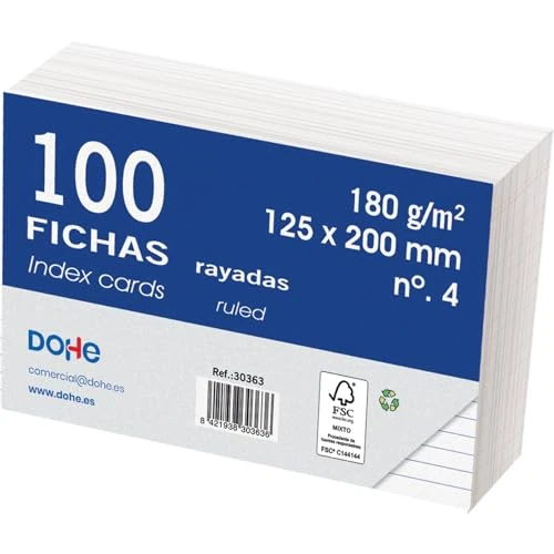 Oferta limitada: Dohe - Fichas Rayadas de Cartulina (100 uds.) - Tarjetas para Escribir Notas, Tamaño 20x12,5 cm, 180 gr/m², N.º 4, Material de Oficina - Color Blanco de 5.73 € a 5.73 € (ahorro 0.00%)
