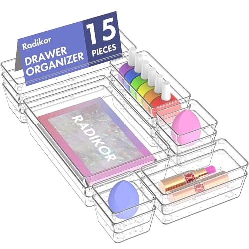 Radikor 15 Piezas Organizadores de Cajones de Plástico Transparente, Organizador de Maquillaje Cajones, Organizador Cajones Escritorio, Cajas Organizadoras para Maquillaje, Baño, Cocina, per Oficina