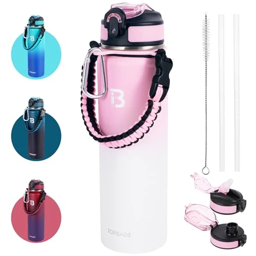 TOPBADE Butelka do picia ze stali nierdzewnej, 1 l, z pokrywką Chug i słomką, szczelna, podwójna ścianka na wodę, zdejmowalny uchwyt Paracord, do szkoły, fitnessu, na zewnątrz