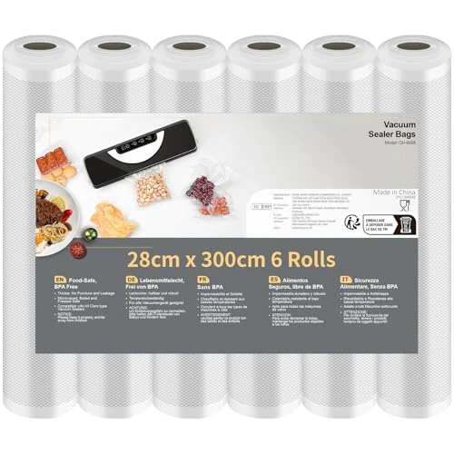 Vihoom Vacuum Sealer Bags, Vacuum Sealer Film, 6 Rolls 28 x 300 cm (18 m), Professional Foil Rolls Vacuum Sealer Food BPA-Free, Strong & Tear-Resistant, for All Vacuum Sealers & Sous Vide