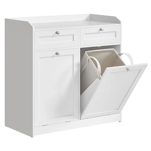 VASAGLE Bathroom Cabinet with Laundry Baskets, Bathroom Storage Unit with 2 Drawer and 2 Laundry Hampers, Removable Laundry Baskets with Handles, 40 x 78.9 x 80.2 cm, Cloud White BBC751W01