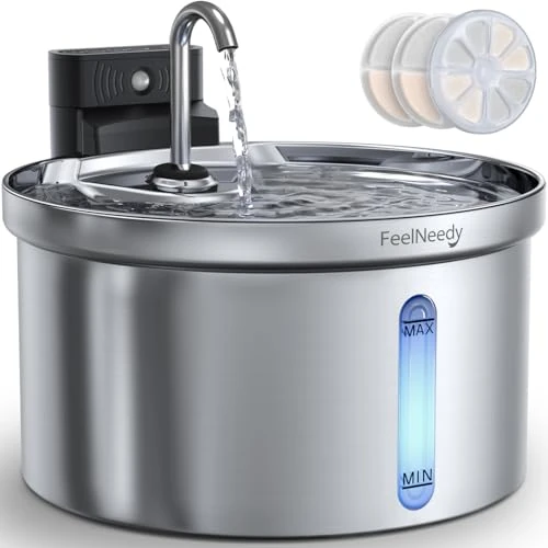 Limited-time offer: FEELNEEDY 3.5L/118oz Stainless Steel Cat Water Fountain with Motion Sensor, 4000mAh Battery Operated Cat Water Fountain, 3 Filters, Water & Battery Separation(FN-W08L-Stainless Steel) from 59.99 GBP to 47.49 GBP (save 21%)