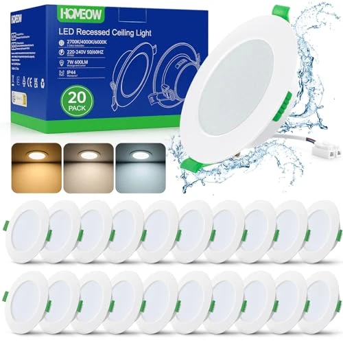 Offre limitee: HOMEOW Lot de 20 Spot LED Encastrable 7W, 220V Spots de Plafond Extra Plat, Spot Salle de Bain IP44, Reglable Blanc Chaud 2700K Blanc Neutre 4000K Blanc Froid 6000K, Trou Φ75-90mm, Non Dimmable de 61.99 EUR a 61.99 EUR (economie 0%)