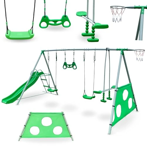 Offerta a tempo: HyperMotion Swing HYP9 Parco giochi XXXL - Altalene Doppia e Singola, Scivolo, Trapezio, Cestino Basket, Scot Calcio - per 6 Bambini 3+ anni, 300 kg Max - Verde - 0.00% da 136.08 € a 136.08 €