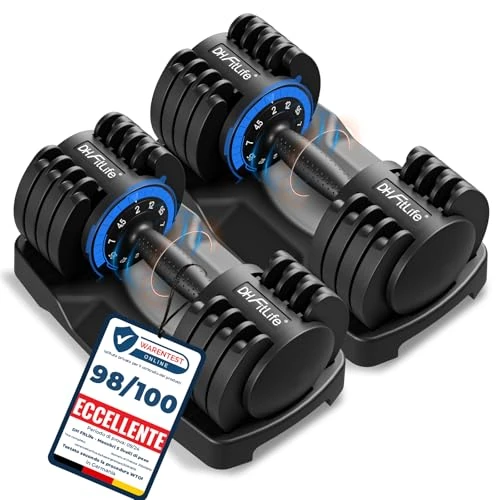 DH FitLife 2 x 12 kg Adjustable Dumbbells 2-12 kg, 5 Weight Levels, Black Cast Iron Dumbbell Set