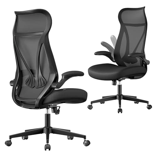 SONGMICS Sedia da Ufficio, Sedia da Scrivania, Schienale Ergonomico, Altezza Regolabile, Braccioli Ribaltabili, Poltrona Girevole con Poggiatesta, Portata 150 kg, Nero Inchiostro OBN088B01