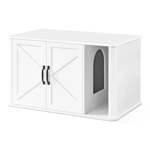 Feandrea Mueble Arenero, Moderno Arenero Oculto, con Entrada Frontal, Puertas Dobles, Asas, Casa para Gatos, Mesa Auxiliar, 85 x 48.5 x 50 cm, Blanco Nube PCL012W01
