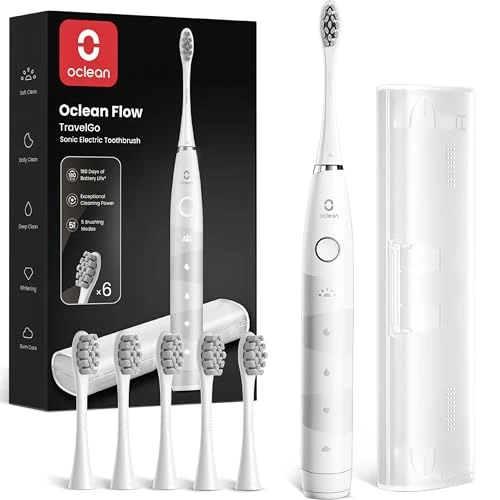 Offerta a tempo: Oclean Spazzolino elettrico sonico Flow Gift Set, Ricarica ogni 180 giorni, 5 Modalità, Impermeabile IPX7, Timer da 2 minuti, 6 Testine DuPont™, Custodia da viaggio, Bianco - 25% da 49.90 € a 37.46 €