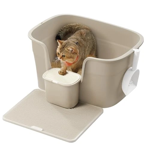 Feandrea Caja de Arena para Gatos Grandes, Extra Gran Arenero para Hogar con Varios Gatos, Incluye Tabla Recogedora, Pala, Beige Capuchino PPT003K01