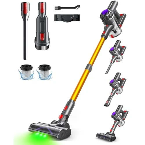 VACTechPro Cordless Vacuum Cleaner, 35KPA 6-in-1 Stick Vacuum, Up to 45Mins Runtime Lightweight Vacuums with Detachable Battery, for Hardwood Floor Carpet Car Pet Hair (Yellow, F02)