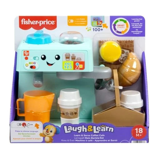 Fisher-Price Toddler Toy Learn & Serve Coffee Café Playset with Smart Stages & 10 Pieces for Ages 18+ Months, Multilanguage Version, HYR98