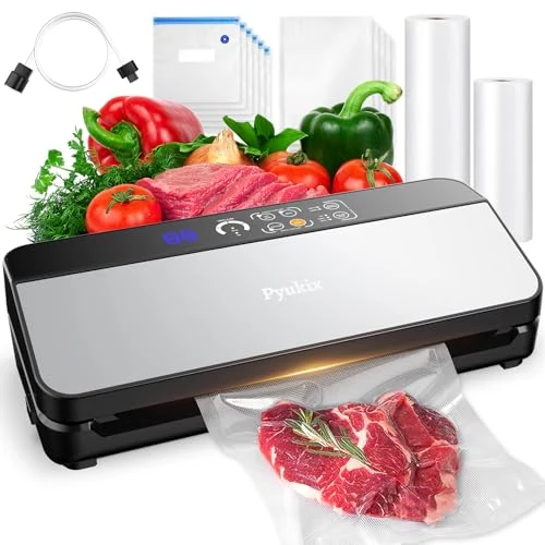 Machine Sous Vide Alimentaire, 80KPA Sous Videuse Alimentaire 8-en-1 Pour le Mode Sec/Moist Avec Tuyau D'aspiration D'air, Coupeur Intégré et Rangement du Sac, 2 Rouleau de Sacs, 11 Sacs