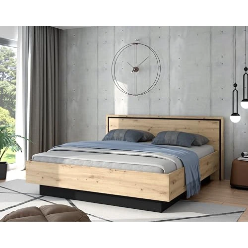 Forte Trondheim łóżko, materiał drewnopochodny, dąb Artisan/czarny znak, szer. x wys. x gł.: 198,6 x 93,5 x 208,6 cm