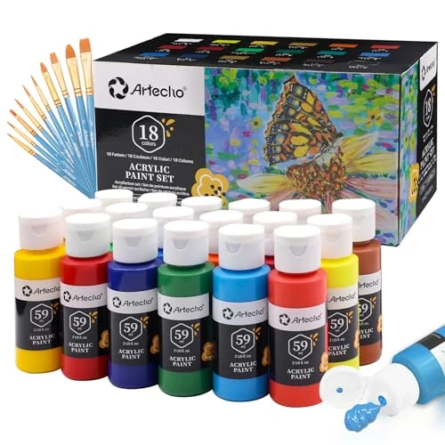Artecho Ensemble de peinture acrylique 18 couleurs 59 ml avec 10 pinceaux, peinture imperméable, fournitures de base de peinture acrylique pour bois, tissu, artisanat, toile, cuir et pierre