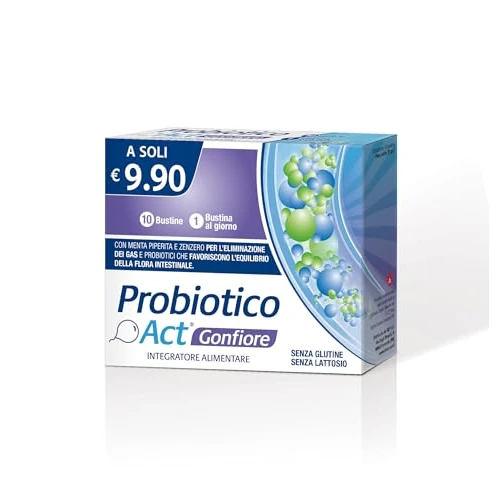 Offerta a tempo: Probiotico Act Gonfiore - Integratore Alimentare con 3 Miliardi di Probiotici per la Regolare Motilità Gastrointestinale - 10 Bustine — 72% da 9,90 € a 2,80 €