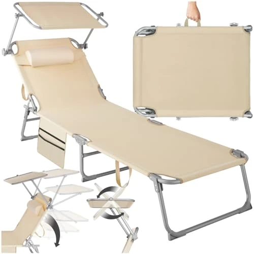Offerta a tempo: tectake® Sdraio Pieghevole, 4 Posizioni, Cuscino Poggiatesta, Idrorepellente, aio da Giardino, Lettino Prendisole, Arredo Giardino, Terrazzo, Sdraia da Balcone, Piscina e Spiaggia - Beige - 12% da 47.90 € a 41.99 €