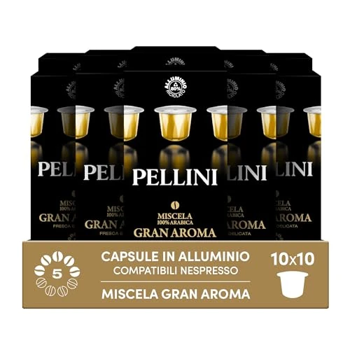 Pellini Gran Aroma 100% Arabica, 100 Capsules en Aluminium compatibles Nespresso, Café Arabica 100% délicat avec notes florales et d'amande amère, 10 paquets de 10 capsules