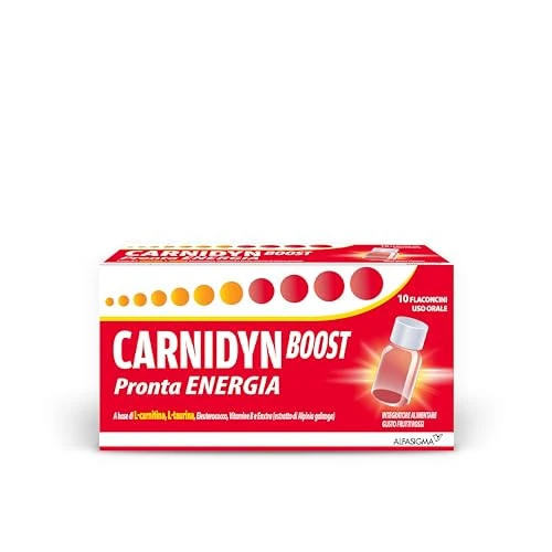 Offerta a tempo: Carnidyn Boost, Integratore per Extra Energia, con Carnitina, Taurina, EnXtra (Alpinia Galanga), Eleuterococco e Vitamine B, Privo di Caffeina, Glutine e Lattosio, Gusto Frutti Rossi, 10 flaconcini - 12% da 13.33 € a 11.67 €
