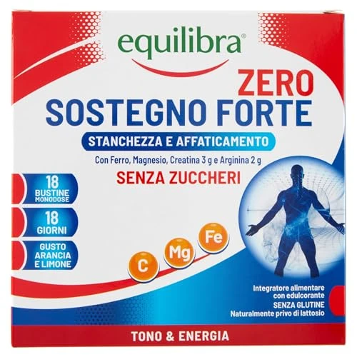 Equilibra, Sostegno Forte Zero, Integratore Stanchezza, 18 Bustine, Con Magnesio, Ferro, Creatina (3g), Arginina (2g), e Beta-Alanina (400mg), Gusto Arancia e Limone, Senza Zuccheri
