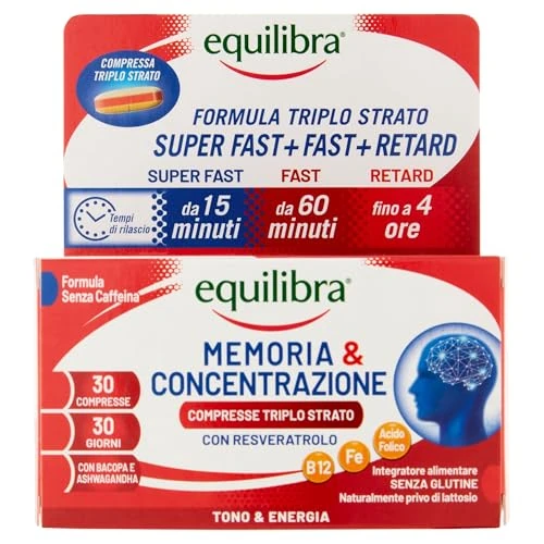 Equilibra, Memoria e Concentrazione, 30 Compresse Triplo-Strato, con Ferro, Zinco, Ashwagandha, Bacopa e Resveratrolo, Integratore Multivitamine e Minerali, Rilascio Graduale, Senza Caffeina