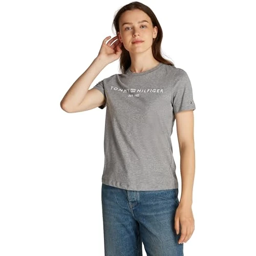 Tommy Hilfiger T-Shirt Maniche Corte Donna Scollo Rotondo, Grigio (Mid Grey Heather), M
