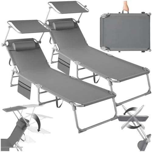 Oferta limitada: tectake® Set de 2X Tumbonas Jardín Exterior, Tumbonas Plegables con Reposacabezas, Parasol y Bolsillo Lateral, Tumbonas Playa Reclinables 4 Posiciones, Tumbona Piscina Resistente a Intemperie - Gris de 68.99 € a 36.99 € (ahorro 46.38%)