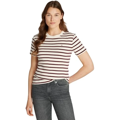 Tommy Hilfiger Women’s Short Sleeve Round Neck Slim Cody T-Shirt, Multicolor (Fine STP Calico/Deep Rouge), XXS