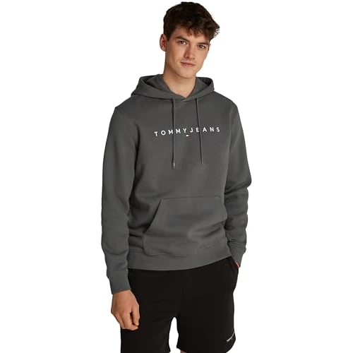 Tommy Jeans Men’s Linear Logo Hoodie, Grey (Washed Black), XXL