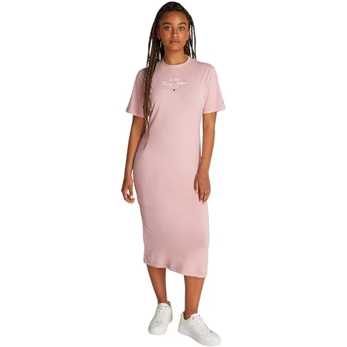 Offerta a tempo: Tommy Hilfiger Donna Abito a T-Shirt Script Lunghezza Midi, Rosa (Foggy Pink) — 31% da 99,90 € a 68,46 €