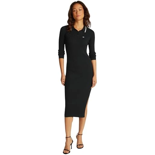 Offre limitee: Tommy Jeans Robe Polo Femme Midi Fendue, Noir (Black), L de 90.80 EUR a 90.80 EUR (economie 0%)