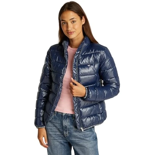 Tommy Jeans Women’s Essential Tape High Shine Puffer Jacket, Blue (Dark Night Navy), XL