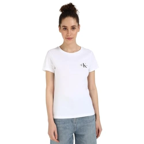 Calvin Klein T-Shirt Donna Maniche Corte Confezione da 2 Monologo Slim Scollo Rotondo, Multicolore (Leek Green/Bright White), M