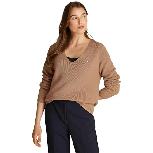 Offre limitée : Tommy Hilfiger Pull Femme Cardi Fine Col en V, Beige (Safari Canvas), XXS de 99.90 € à 69.95 € (30% de remise)