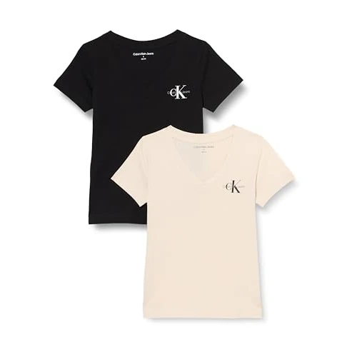 Calvin Klein Damen 2er Pack T-Shirts Kurzarm Monologo V-Ausschnitt, Mehrfarbig (Moonbeam/Ck Black), XXS