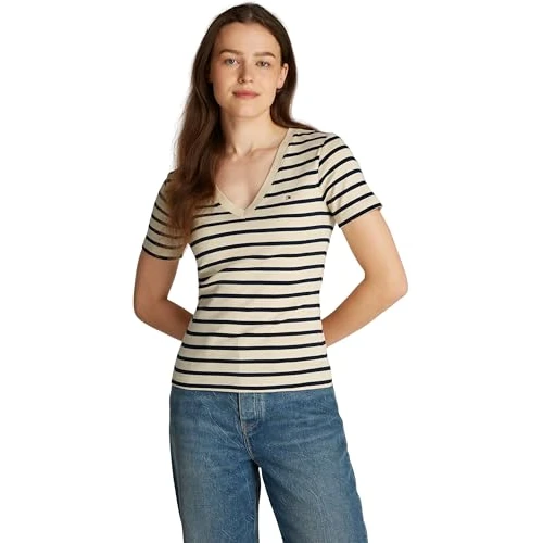 Offerta a tempo: Tommy Hilfiger Donna T-Shirt Maniche Corte New Slim Cody con Scollo a V, Multicolore (Fine STP Country Ivory/Drk N Navy), XXS - -17.81% da 24.99 € a 29.44 €