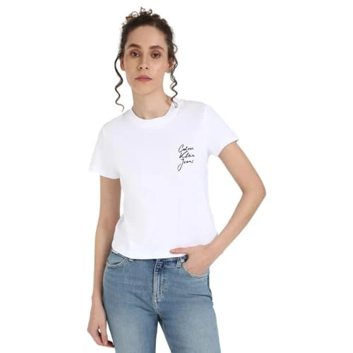 Calvin Klein Damen T-Shirts Kurzarm Script Institutional Baby Tee Rundhalsausschnitt, Weiß (Bright White), M