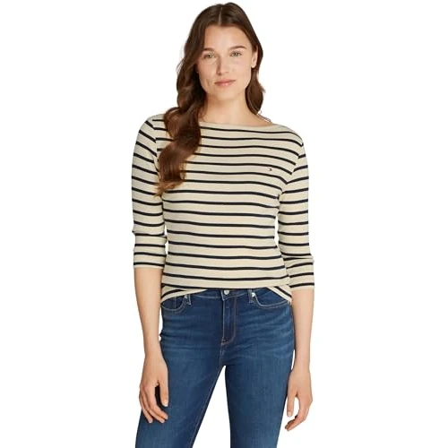 Offerta a tempo: Tommy Hilfiger Donna Maglietta Maniche Lunghe New Cody Slim Scollo a Barca, Multicolore (Fine STP Country Ivory/Drk N Navy), XXS - 45% da 59.90 € a 32.95 €