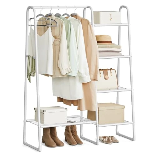 Offerta a tempo: SONGMICS Stand Appendiabiti, Appendiabiti da Terra, 5 Ripiani Portaoggetti, Struttura in Metallo, 40 x 101,7 x 153,3 cm, Camera da Letto, Soggiorno, Ingresso, Bianco Nuvola HSR138W01 - 16% da 43.99 € a 36.99 €