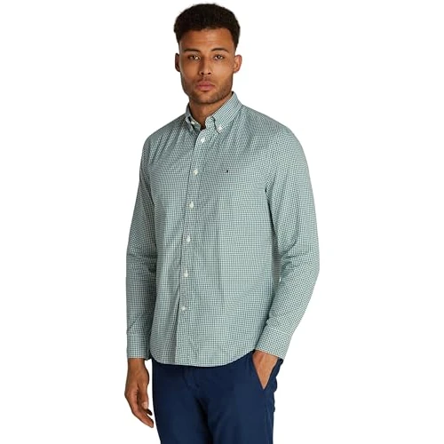 Tommy Hilfiger Men’s Flex Poplin Gingham Regular Fit Shirt, Multicolor (Nouveau Green/Optic White), L