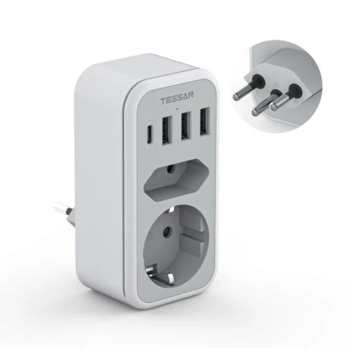 TESSAN Szwajcarski adapter wtyczki, 6 w 1 adapter Szwajcarii Europe z 1 USB C i 3 USB A, szwajcarska ładowarka 2500 W, adapter wtyczki z Hiszpanii na Szwajcarię, adapter typu J Szwajcaria do