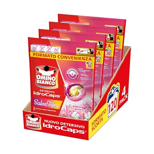 Offerta a tempo: Omino Bianco Idrocaps - Detersivo Lavatrice In Capsule Salva Fibre, 120 Lavaggi, Efficace a Basse Temperature, Profumo Ninfea Rosa, 30 Caps x 4 Confezioni - 0% da 45.47 € a 45.47 €