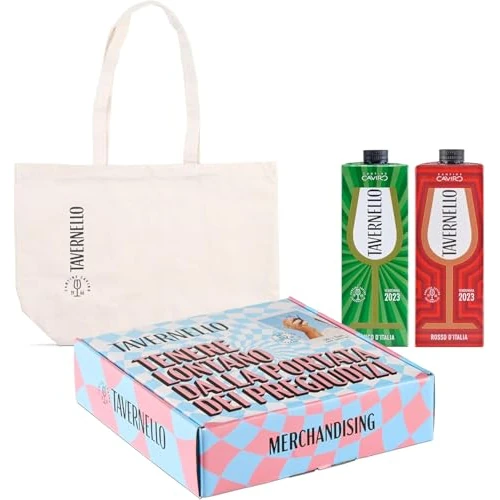 Offerta a tempo: Tavernello Merchandising Cofanetto con Borsa Mare, Vino Rosso d'Italia in Brick 1L, Vino Bianco d'Italia in Brick 1L, Merch e Vino Confezione Regalo - 0% da 8.75 € a 8.75 €