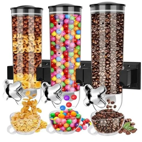 BAKAJI Distributeur de céréales triple mural, distributeur à trois montage mural, distributeur pour aliments secs, bonbons, corn flakes, noix, couvercle amovible avec fermeture hermétique (Noir)