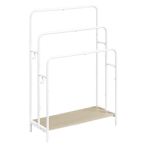 VASAGLE LLS019W01 Bathroom Towel Rack, 3 Bars, 70 x 30 x 100 cm, 2 Hooks, Storage Shelf, Matte White and Natural Beige