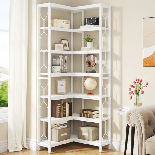 Offerta a tempo: Tribesigns Libreria Angolare a 7 Livelli, Scaffale Angolare Industriale in Legno e Metallo, Vetrina Angolare Indipendente per Soggiorno, Cucina, Ufficio (Bianco) - 52% da 179.99 € a 86.99 €